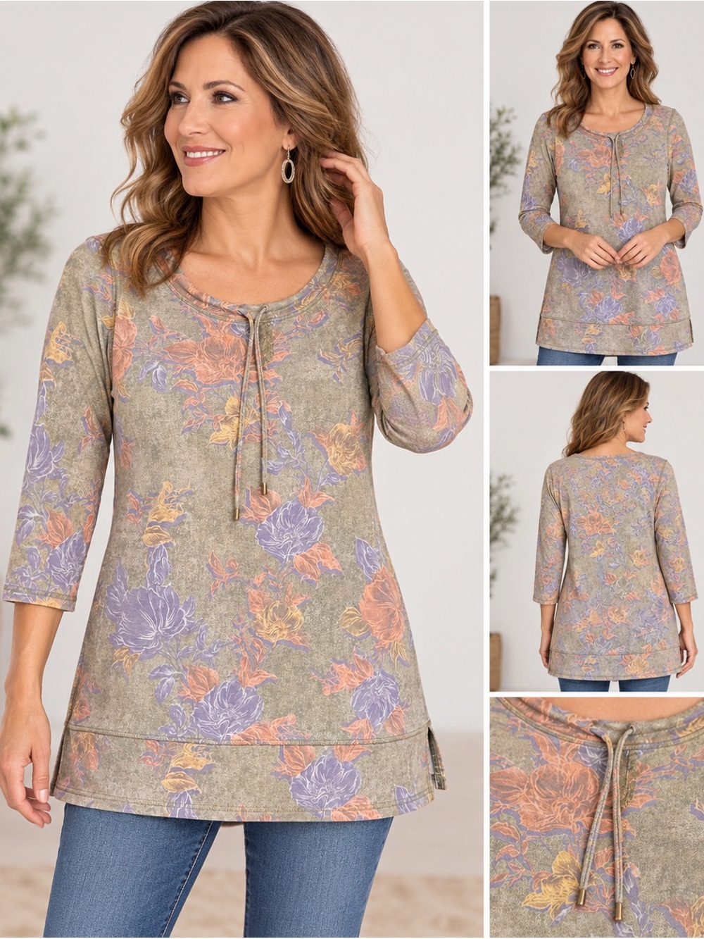 Zenergy by Chicos Size 0 (4/6) Small Floral 3/4 Sleeve Tie Neck Tunic Top